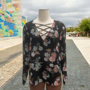 Forever 21 Floral Crisscross V-Neck Blouse L Boho Chic Casual Cottagecore Trendy